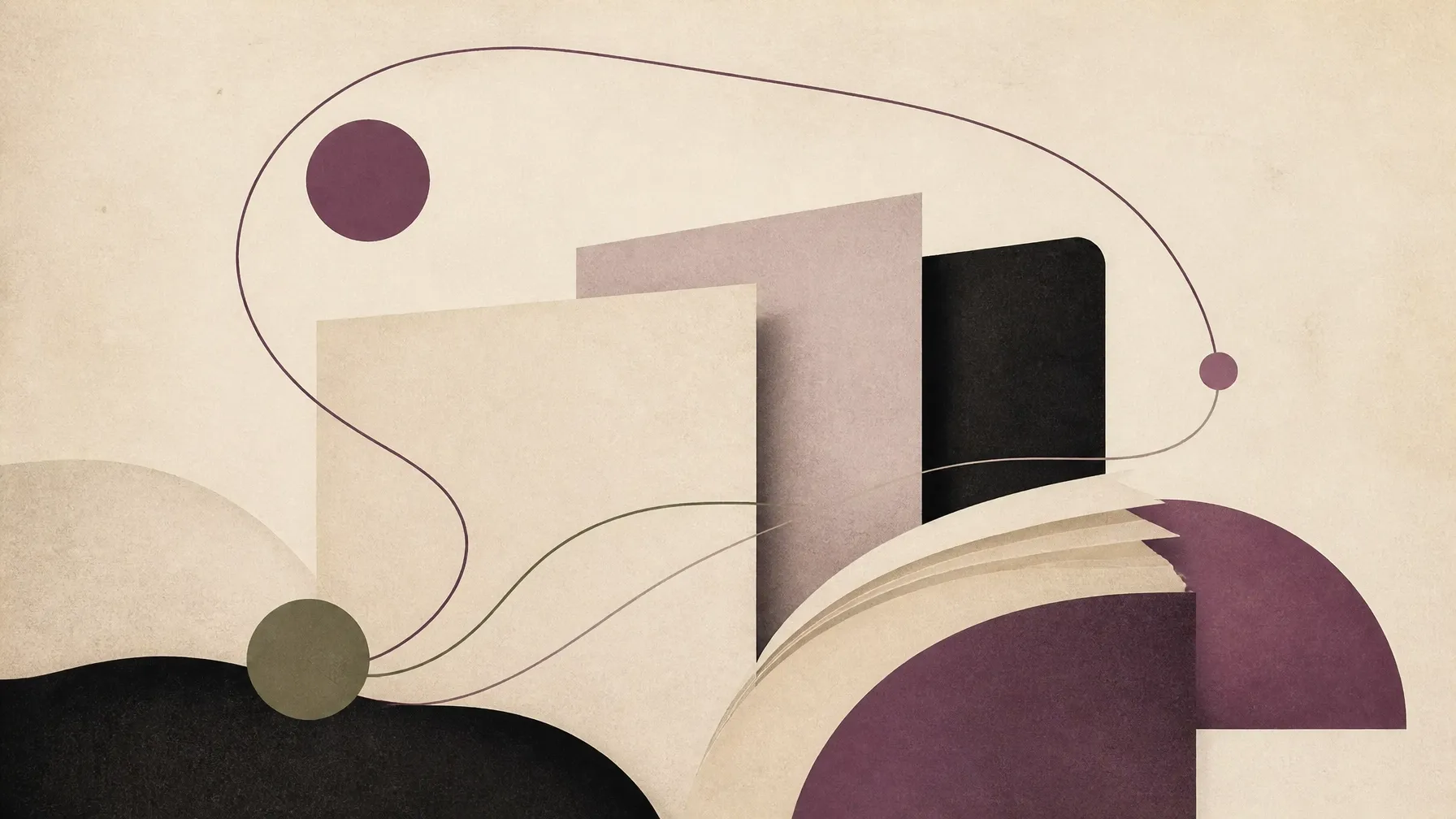 Abstract editorial illustration of layered pages and connected ideas